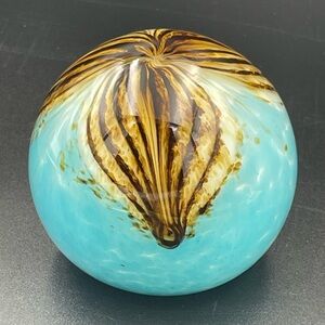Pier One Art Glass Paperweight Blue Brown Flower